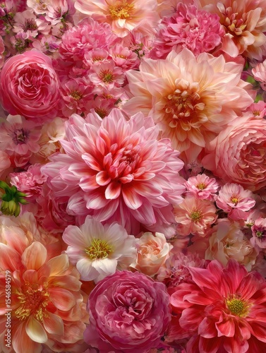 A vibrant, close-up, full-frame shot of an abundance of pink and peach dahlia and rose blooms.