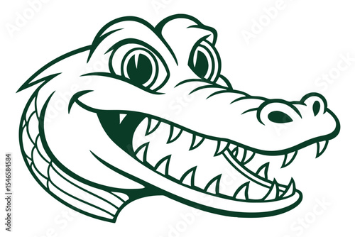 Smiling alligator head with pointy teeth is shown in outlined green color