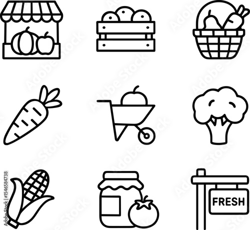 Farmers market and organic food icons set. Line icons set. Vector outline symbols