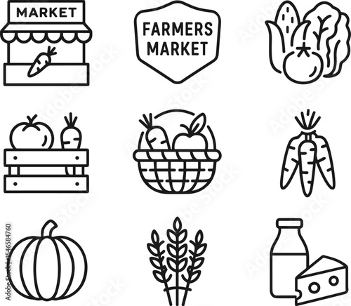 Farmers market and organic food icons set. Line icons set. Vector outline symbols