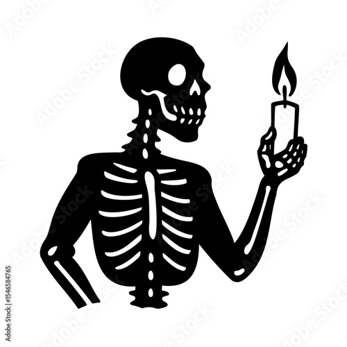 Black Skeleton Holding Lit Candle Silhouette Illustration