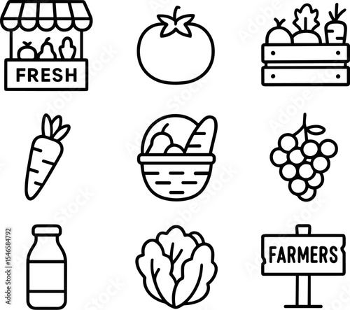 Farmers market and organic food icons set. Line icons set. Vector outline symbols