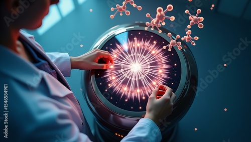 Female scientist focusing on molecular dynamics with interactive technology, showcasing a burst of colorful particles and energy.