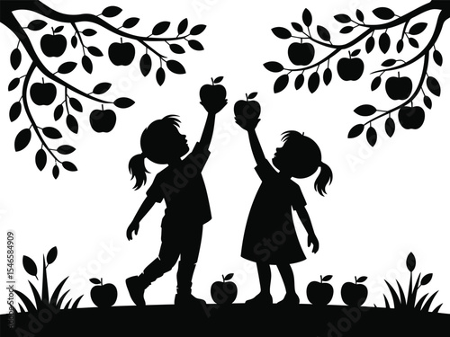 Children picking apples from tree branches with fallen apples silhouette vector design