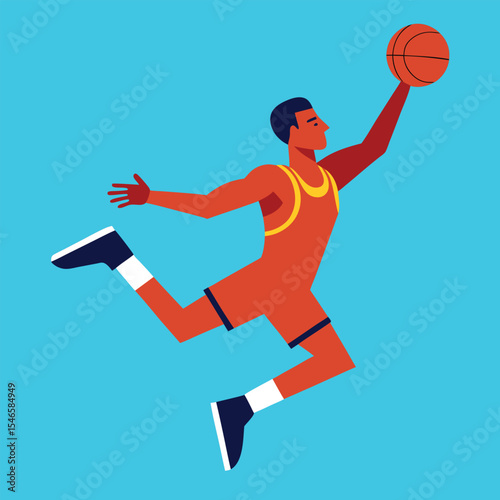Soaring to Victory: An illustration showcases a basketball player in mid-air, poised to shoot, embodying athleticism, and competition in a vibrant artistic style.
