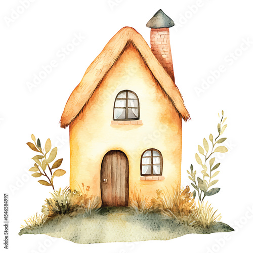Watercolor illustration of a cute cottage with thatched roof on transparent background