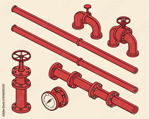 Vector set of red industrial steel pipes, including valves and connections for gas, oil, and water pipelines, isolated in isometric style.