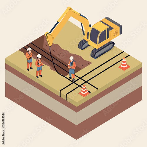 Electrical wiring installation in progress: isometric illustration of underground cable laying by engineers and technicians using backhoe equipment.