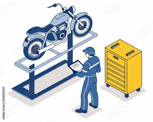 Isometric illustration of motorcycle maintenance in a workshop, with two technicians using digital diagnostics, modern tools, and a laptop on a lifting platform.