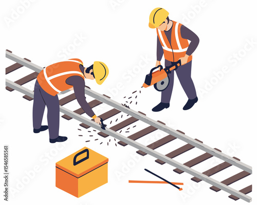 Engineers and workers conduct railway maintenance and inspection with cutting tools in an isometric vector illustration, isolated for clarity.