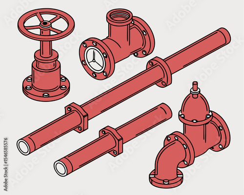 Isometric vector set of red steel industrial pipes with valves and connectors for water, gas, and oil systems, isolated on white.