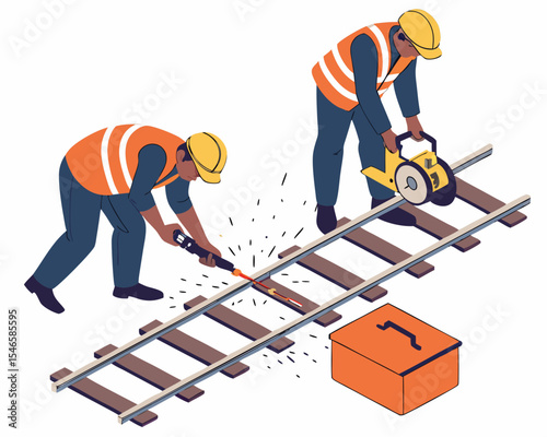 Isolated isometric vector of railway workers and engineers using cutting tools during track maintenance and inspection operations.