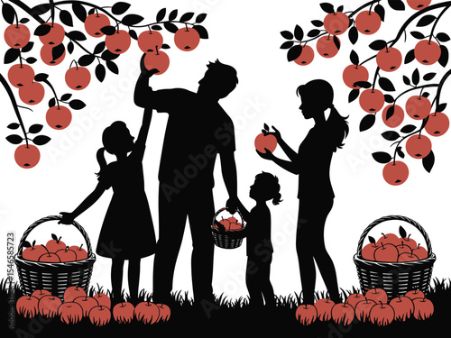 Family gathering apples in silhouette with baskets and trees for fall harvest design
