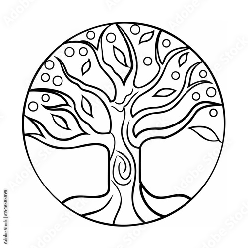 Black and White Circular Tree of Life Design Illustration