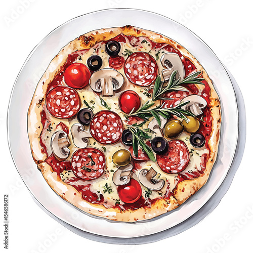 Watercolor pizza topped with salami olives and mushrooms vector on transparent background