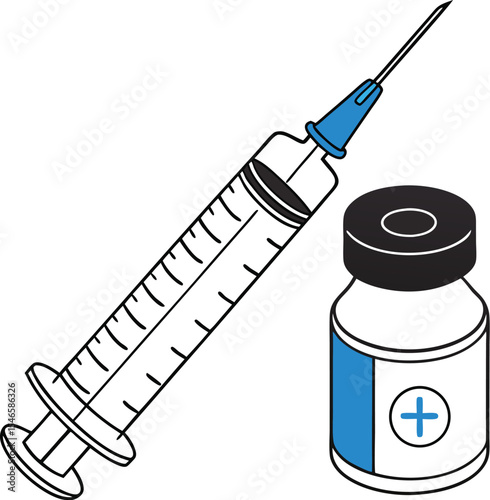 Minimalist Vector Illustration of Medical Syringe and Vial with Blue Liquid