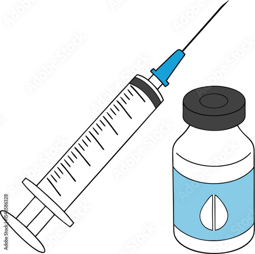 Minimalist Vector Illustration of Syringe and Vial with Blue Liquid on Light Blue Background