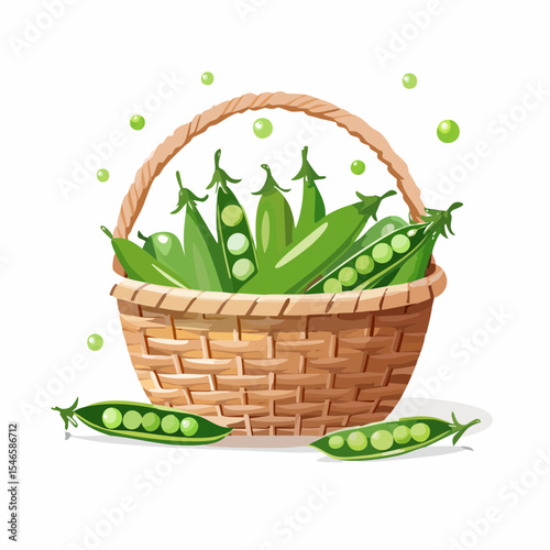Fresh Pea Harvest: A charming illustration of a wicker basket overflowing with vibrant green pea pods, offering a fresh and wholesome view. 
