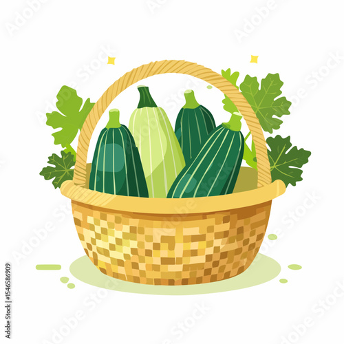 Harvest Bounty: A charming illustration showcasing a woven basket brimming with fresh, vibrant zucchini and verdant leaves, a testament to the season's abundance and culinary delights.