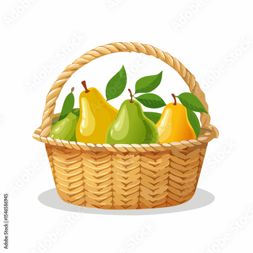 Pears in a Woven Basket: A delightful collection of ripe, fresh pears nestles within a rustic woven basket, showcasing the natural beauty of the fruit and the artistry of traditional craftsmanship.
