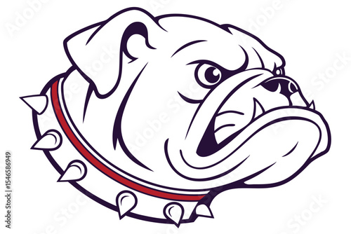 Intimidating bulldog head looks forward, showing spiky collar and sharp canines with simple lines