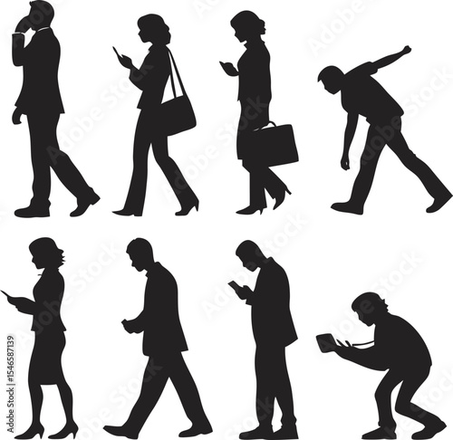 Connected Silhouette: A collection of diverse people are absorbed in their phones or other devices. Capture the essence of modern connectivity and digital interaction.
