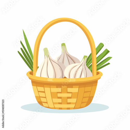 Garlic Basket: A vibrant illustration of a woven basket brimming with fresh garlic bulbs, capturing a rustic charm. 