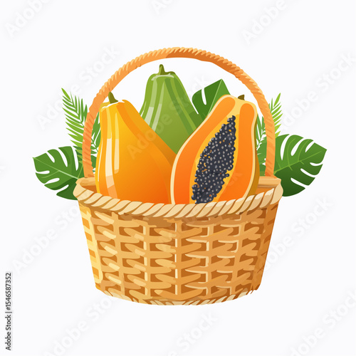Basket of Tropical Delights: A meticulously rendered image showcasing a woven basket overflowing with ripe papayas, palm leaves, and an avocado, symbolizing health and freshness. 