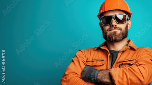 An assured construction worker poses confidently, showcasing his bright safety gear and sunglasses, emphasizing safety and professionalism in construction environments.