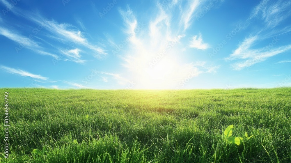 Fototapeta premium Sunny day over vast green field, bright blue sky with fluffy clouds.