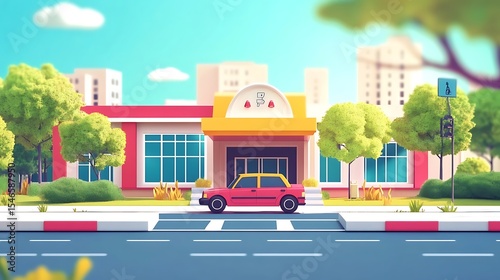 Red Car Crossing Road Near Cartoon Building, Bushes And Trees On Sunny Day