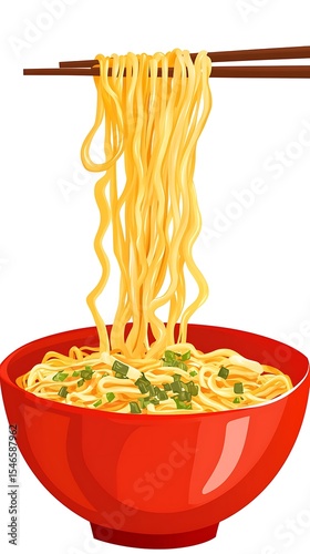 Red Bowl of Noodles with Chopsticks on Transparent Background, Food