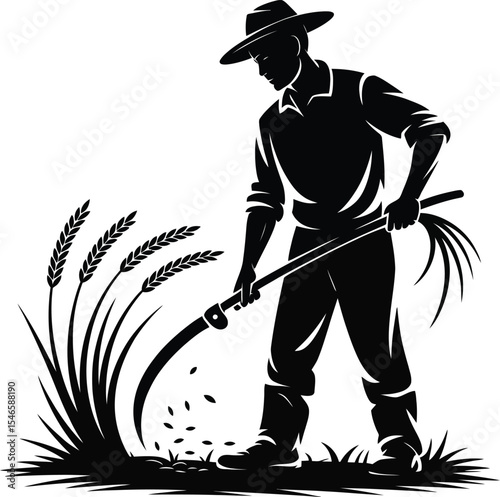  Farmer cutting crops with sickle during harvest time in silhouette vector design