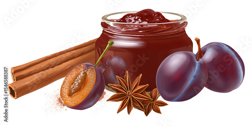 Delicious homemade plum jam in a glass jar with cinnamon sticks and star anise Concept of healthy eating, natural food, and traditional recipe