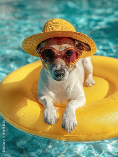 Cute dog wearing sunglasses and hat relaxing on yellow float in swimming pool enjoying summer vacation