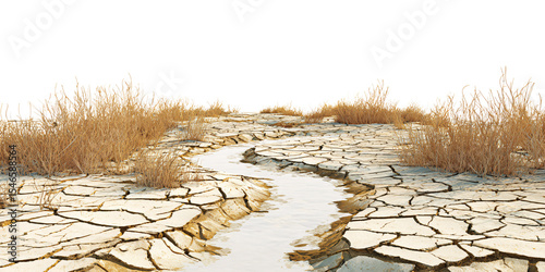 Arid cracked land with dry grass and a stream of water, showcasing drought conditions and climate change impact on the environment Concept of desertification, crisis, and global warming