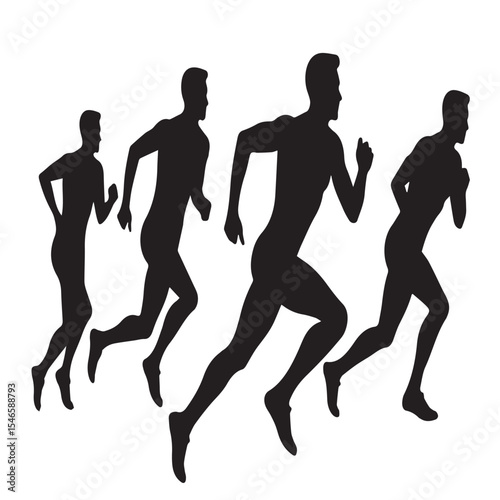 Silhouettes of men running in a race isolated on white background