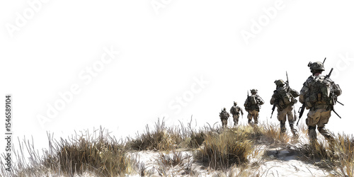 Group of Soldiers on Patrol Walking Outdoors in Camouflage Uniforms with Rifles Concept of Military, War, and Defense