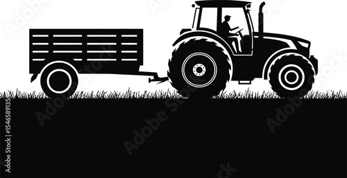 Modern tractor with trailer in field silhouette showing hay bales and scarecrow