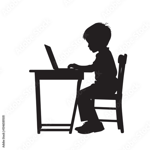 Silhouette of boy using laptop at desk isolated on white background