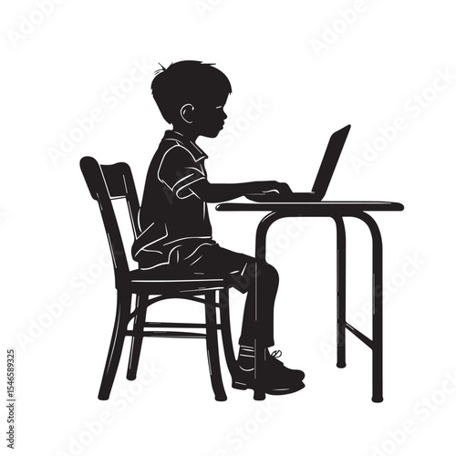 Silhouette of boy using laptop at desk isolated on white background