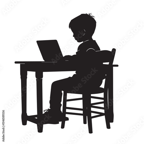 Silhouette of boy using laptop at desk isolated on white background