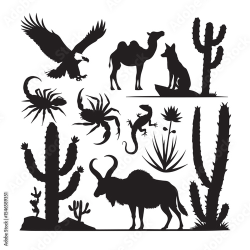 Desert animals and plants silhouette isolated on white background