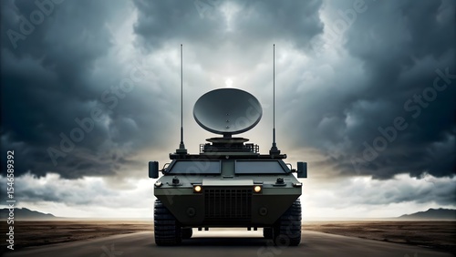 Military armored vehicle with satellite dish