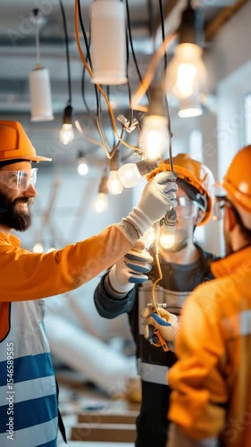 Electricians installing light fixtures, teamwork in action.