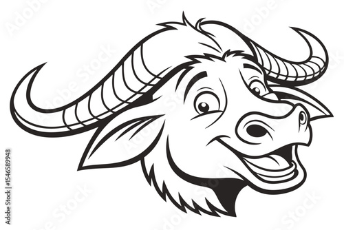 Black and white cartoon water buffalo head smiles cheerfully with detailed horns and fur