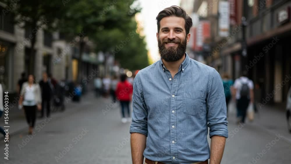 A man with a beard walks confidently down a busy city street, surrounded by shoppers and trees adding a vibrant backdrop