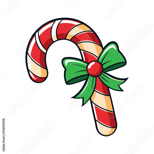 Festive christmas candy cane with green bow vector illustration holiday season sweet treat design