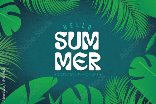 Hello summer illustration background vector with tropical palm leaves