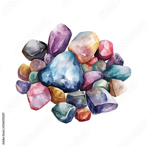 Watercolor illustration of gemstones in various colors on transparent background